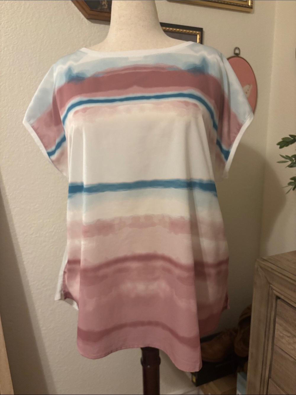 Lane Bryant Mixed Media Women’s Top in Dusty Rose & Blue Stripes
